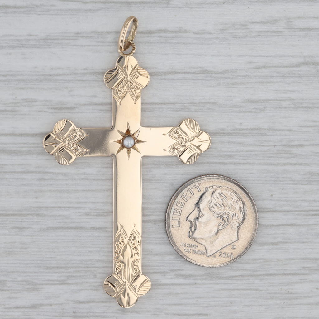 Gray Antique Ornate Pearl Reversible Cross Pendant 12k Yellow Gold Statement