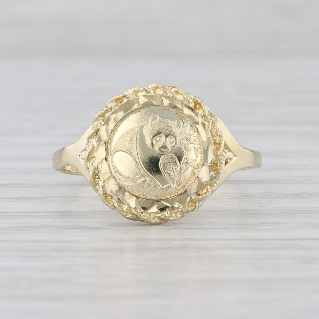 Chinese Panda Copy Coin Signet Ring 10k Yellow Gold Size 9.25
