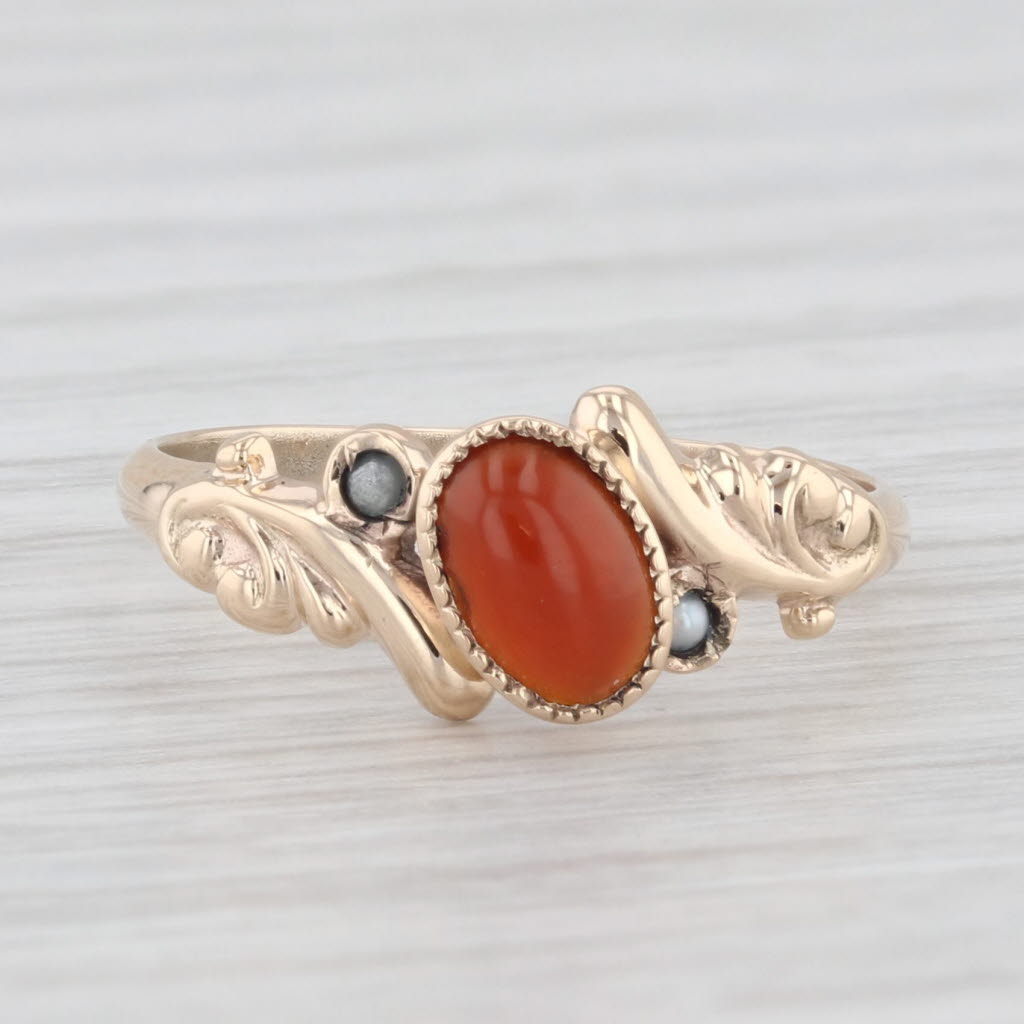 Light Gray Antique Oval Cabochon Red Carnelian Pearl 10k Yellow Gold Size 4.5 Ring