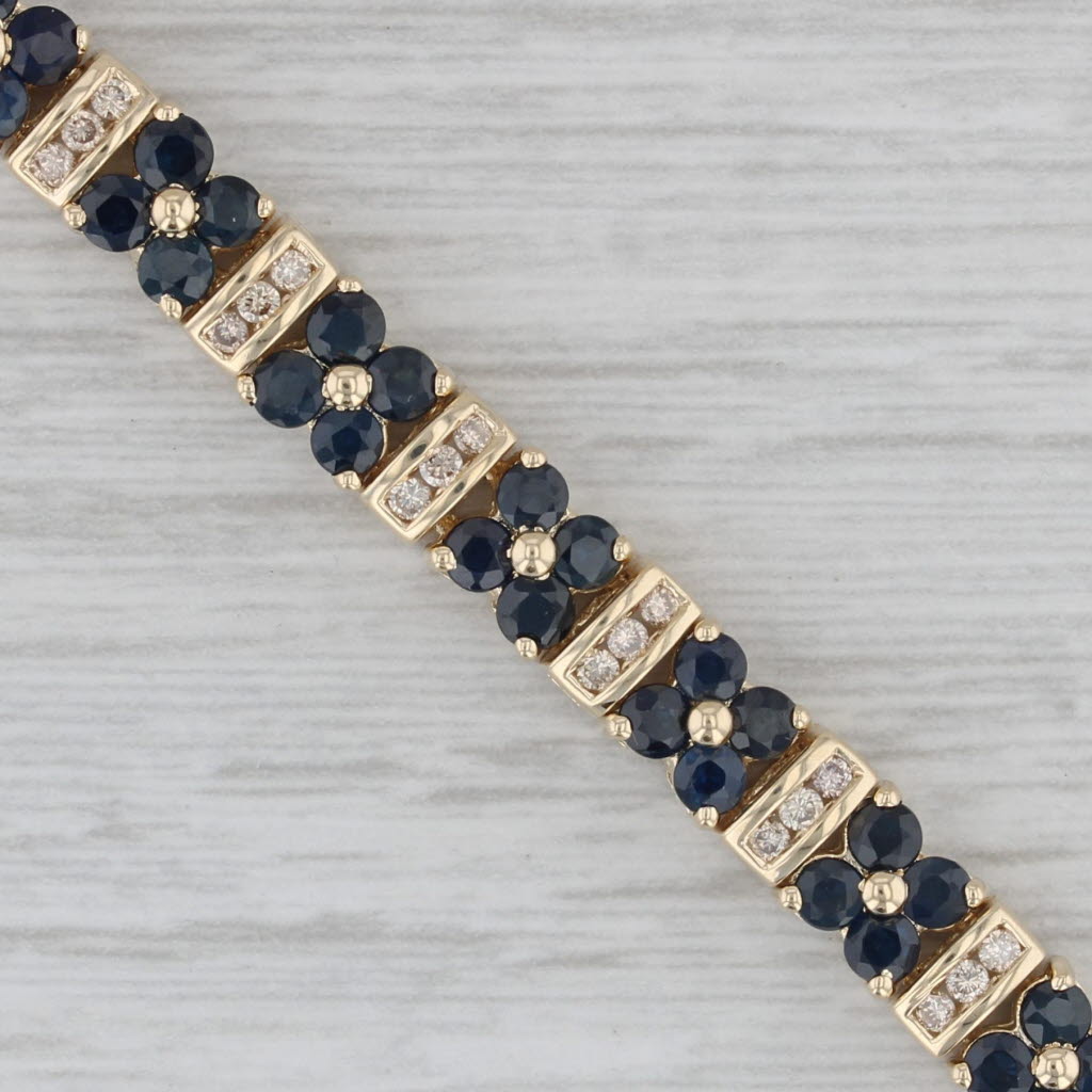 Gray 5.49ctw Blue Sapphire Flower Diamond Tennis Bracelet 14k Yellow Gold 6.75"