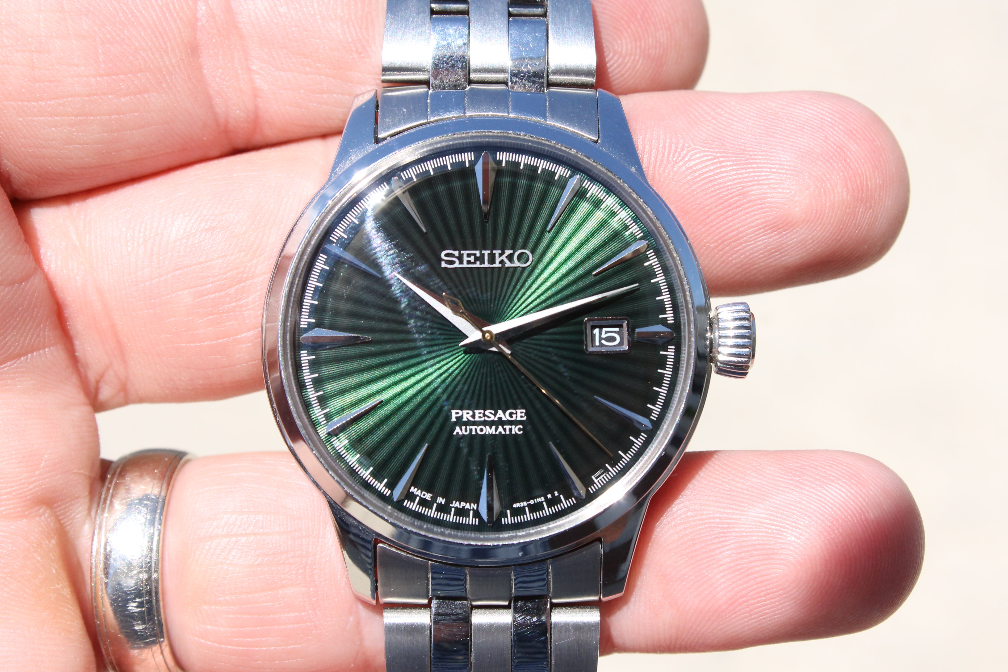 Seiko Presage Mens Watch 40.5mm Steel Swiss Date Auto Green Dial SRPE15 Box