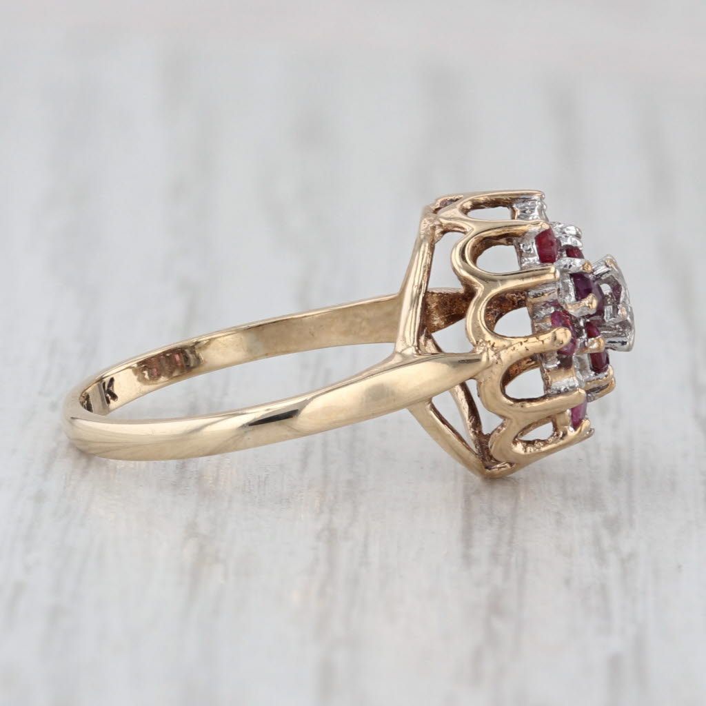 Vintage 0.64ctw Ruby Diamond Cluster Flower Ring 9k Yellow Gold Size 6.5