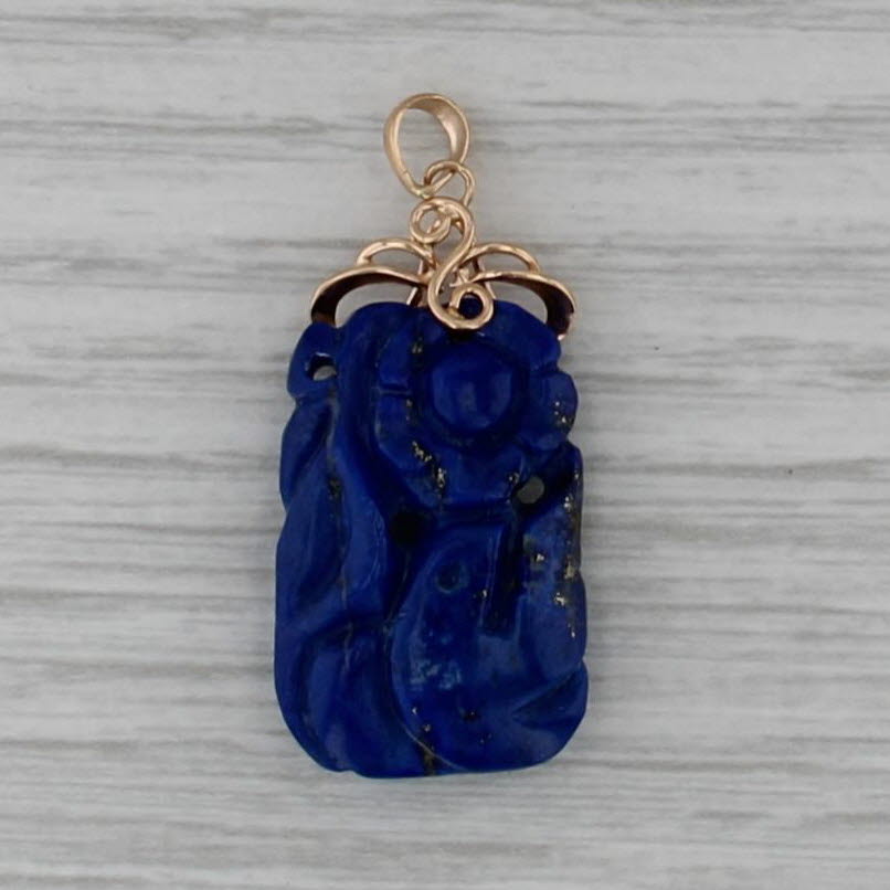 Carved Blue Lapis Lazuli Flower Pendant 14k Yellow Gold