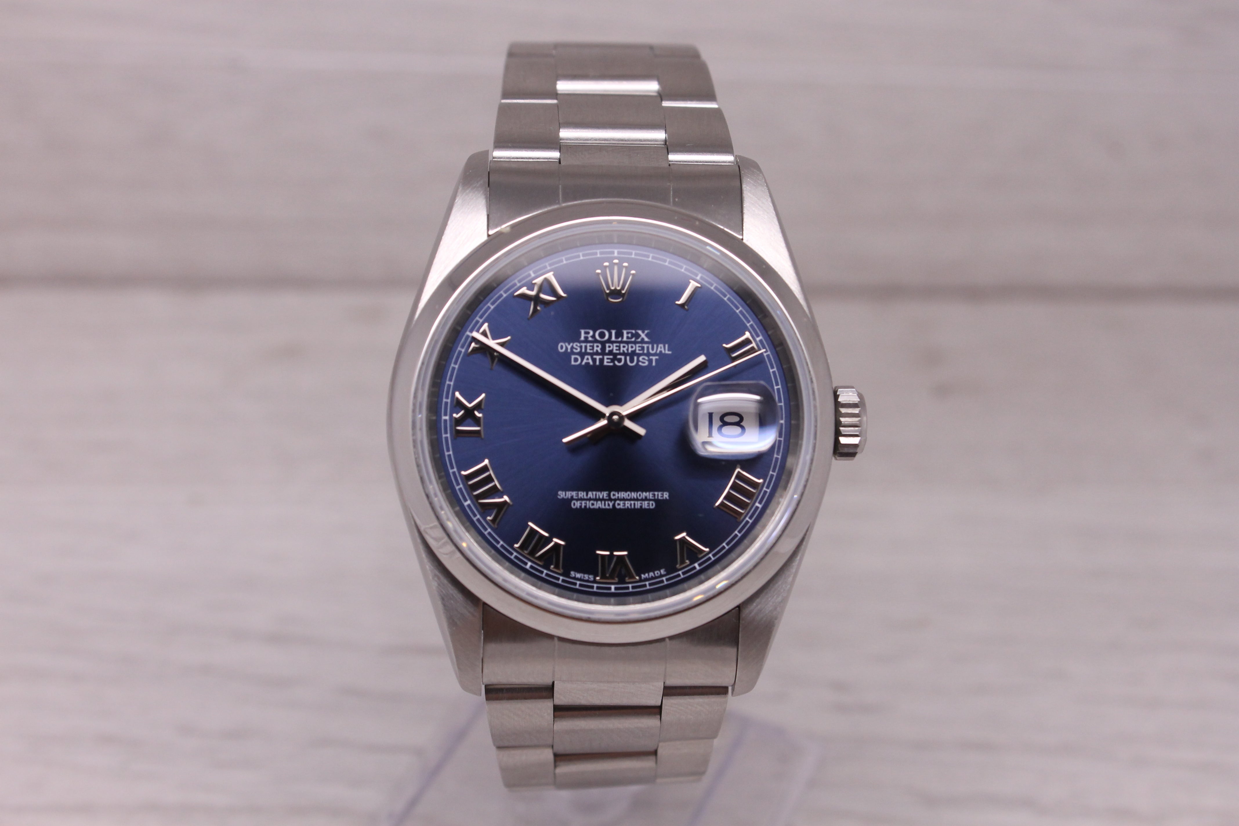 1999 Rolex Datejust 16200 36mm Steel Automatic Oyster Box Paper Blue Roman Dial
