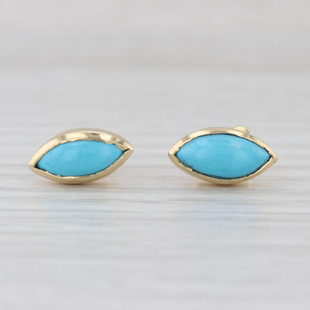 Vintage Marquise Cabochon Turquoise Stud Earrings 14k Yellow Gold