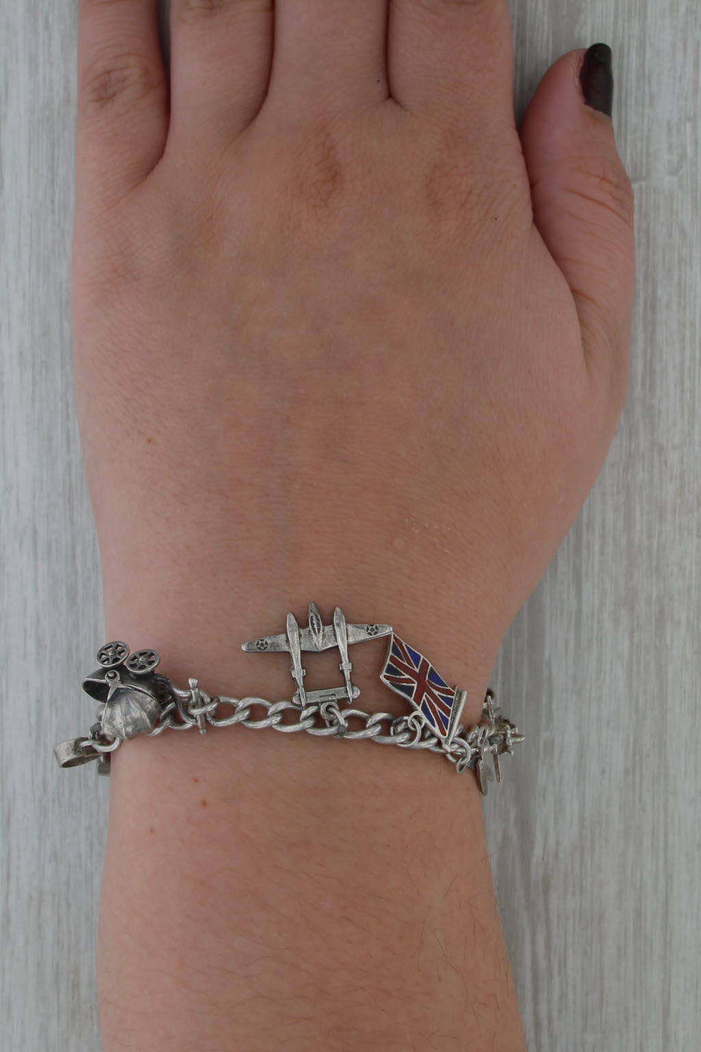 Vintage Souvenir Charm Bracelet Sterling Silver Traval British Baby Plane Drum
