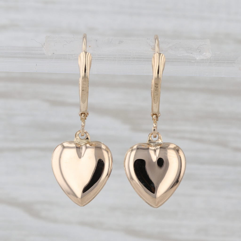 Heart Dangle Earrings 14k Yellow Gold Leverback Drops