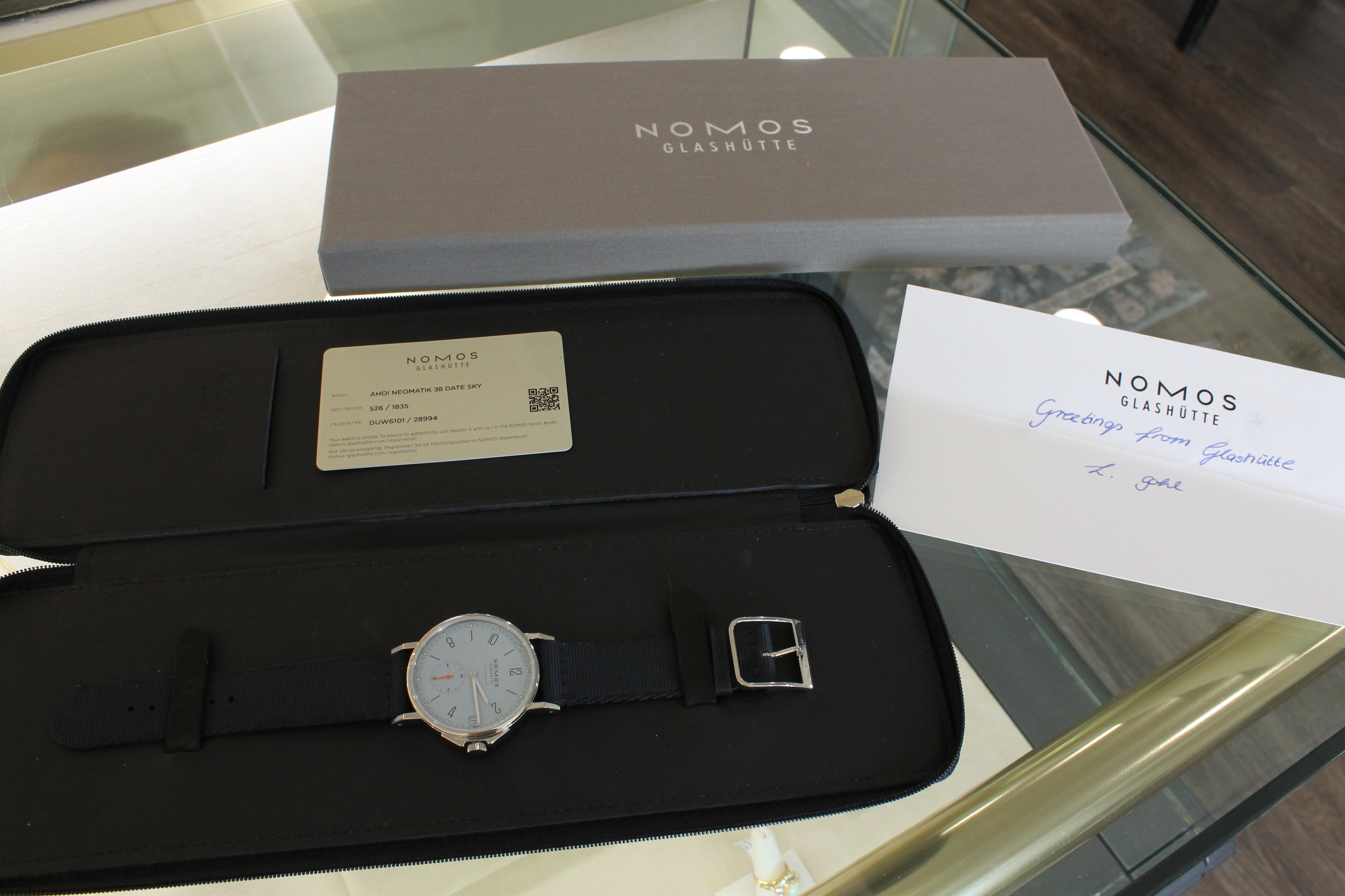 Nomos Glashutte Ahoi Neomatik 38 Date Sky Mens Steel Automatic Watch w/ Box