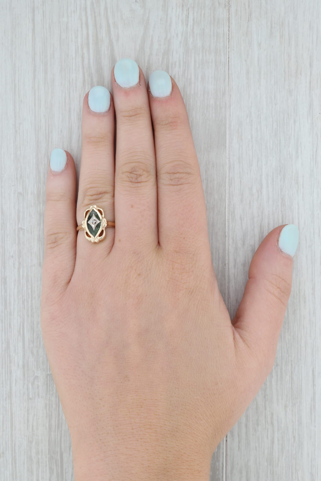 Gray Vintage Nephrite Jade Diamond Ring 10k Gold Size 4.75