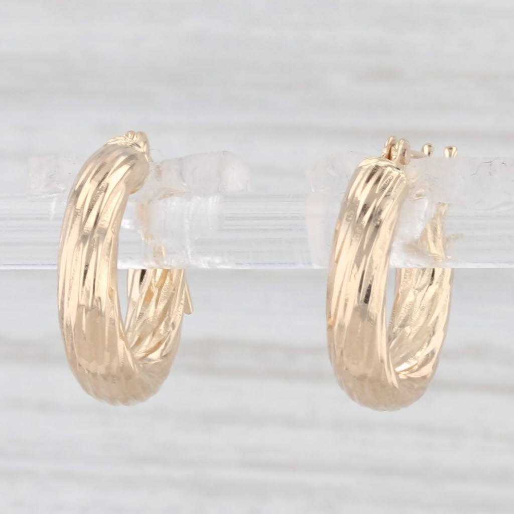 Light Gray Small Twist Hoop Earrings 14k Yellow Gold Snap Top Round Hoops