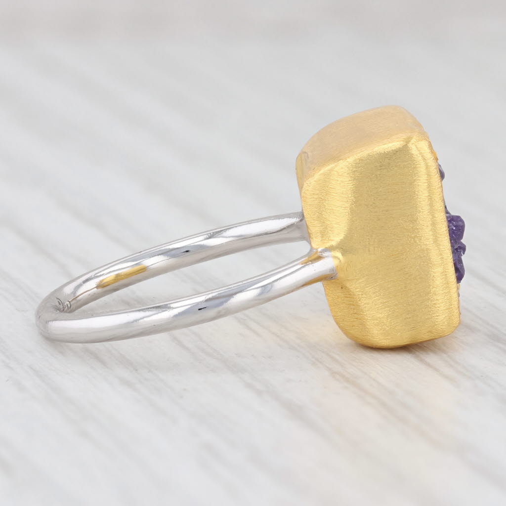 New Nina Wynn Druzy Quartz Amethyst Ring Sterling Silver 22k Gold Vermeil Sz 7
