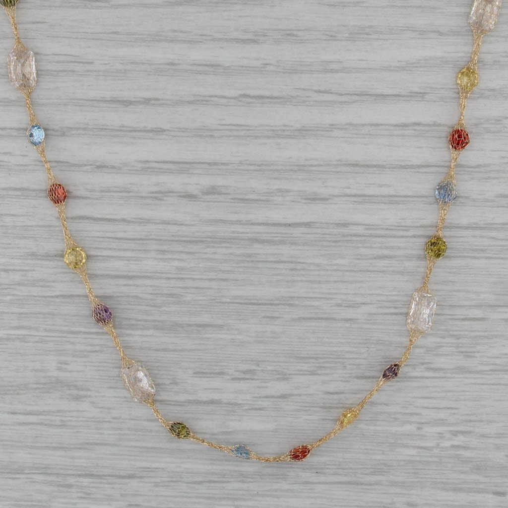 Multicolor Cubic Zirconia Station Mesh Chain Necklace 14k Yellow Gold 17.5"