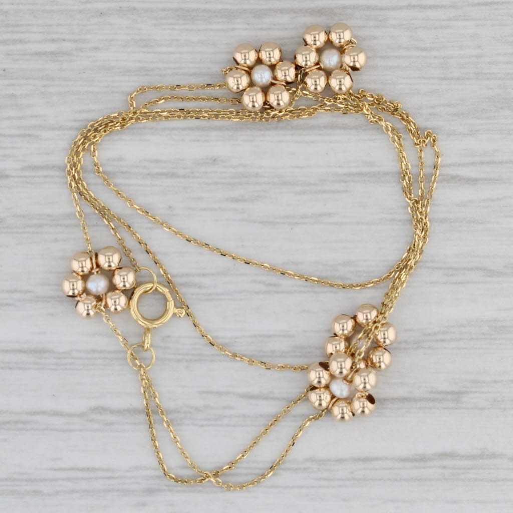 Gray Pearl Flower Station Necklace 14k Yellow Gold 17.5" Cable Chain