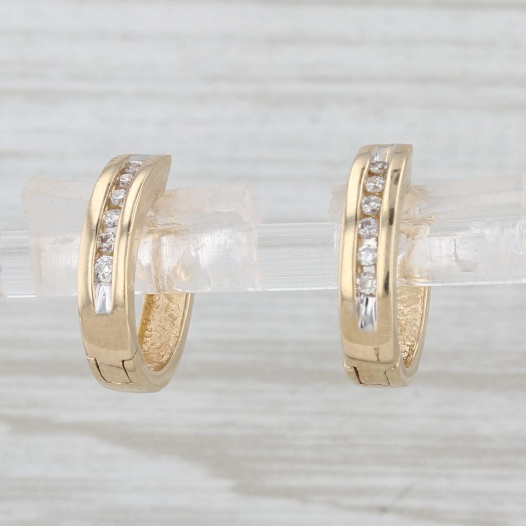 Light Gray 0.12ctw Diamond Hoop Huggie Earrings 14k Yellow Gold Hinged Snap Top Round Hoops