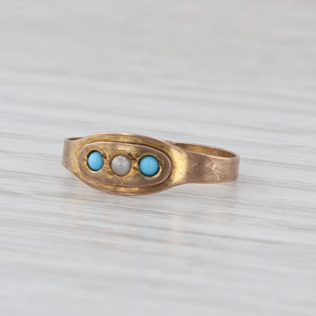 Antique Simulated Turquoise Glass Baby Ring Small Size 8k Yellow Gold