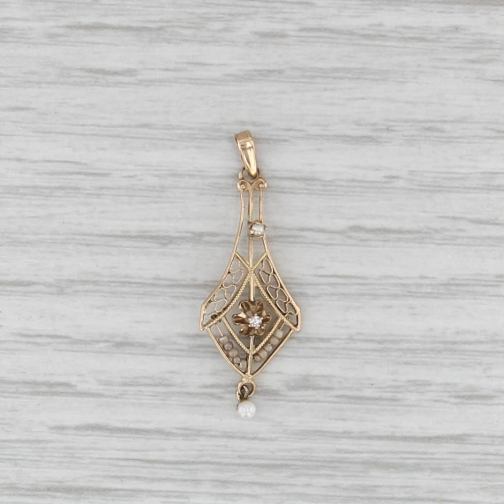 Vintage Cultured Pearl Diamond Lavalier Pendant 10k Yellow Gold Art Deco
