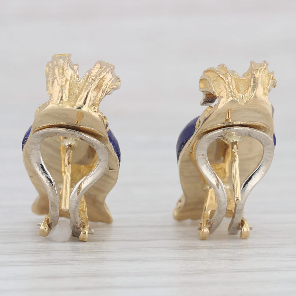 Light Gray Vintage Blue Lapis Lazuli Double Bird Drop Earrings 18k Yellow Gold Omega Backs