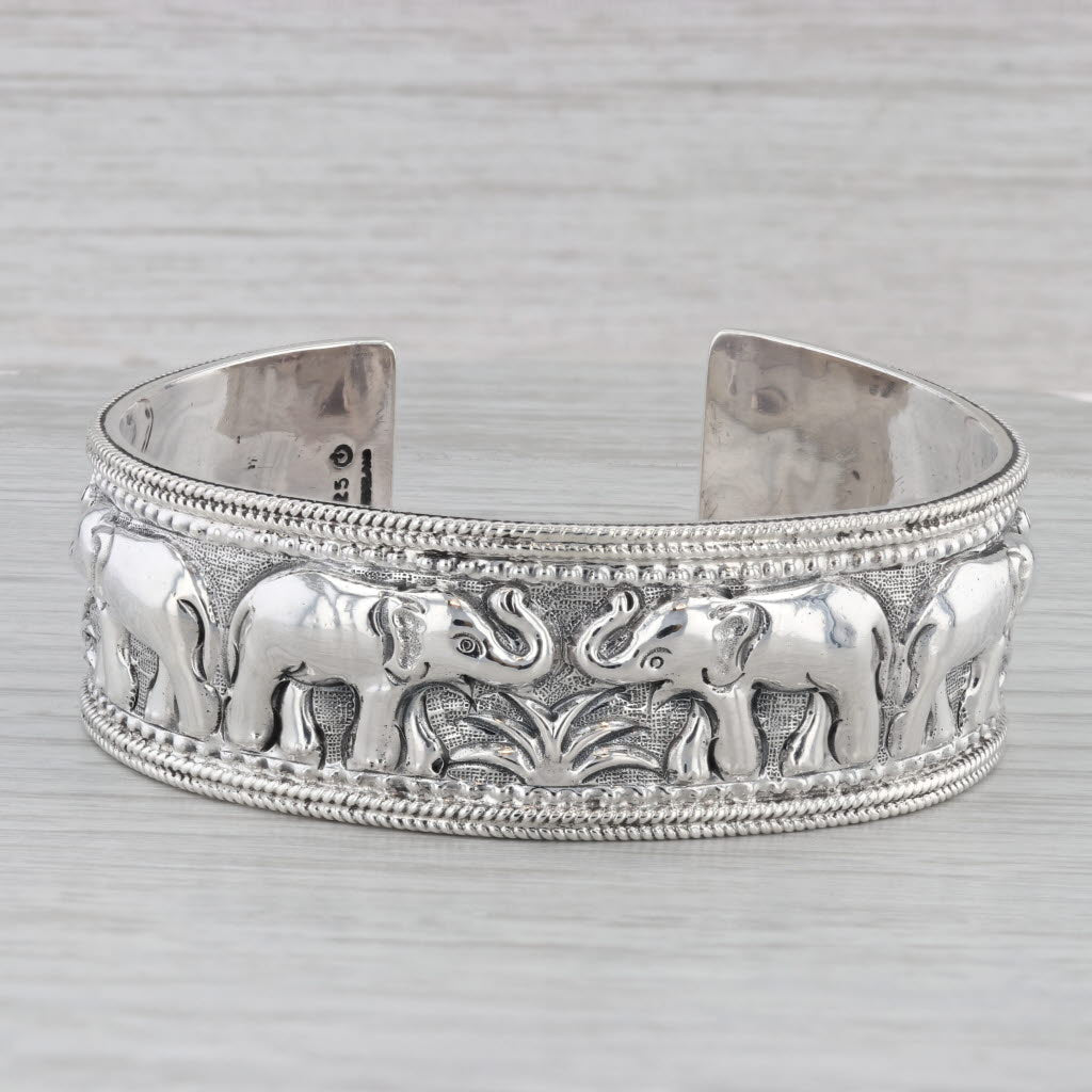 Gray Elephant Pattern Cuff Bracelet Sterling Silver Statement 7" 20.8mm