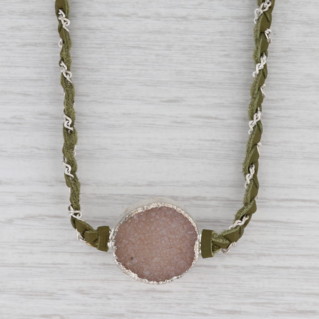 New Nina Wynn Cordelia Woven Green Leather Necklace White Druzy Quartz Pendant