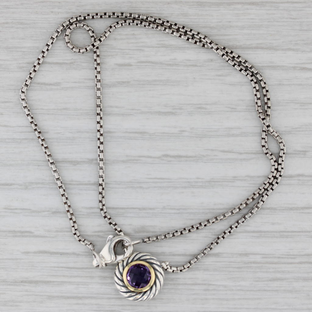 Gray Yurman Amethyst Pendant Necklace Cookie Cable Sterling Silver 18k Gold 15.75"