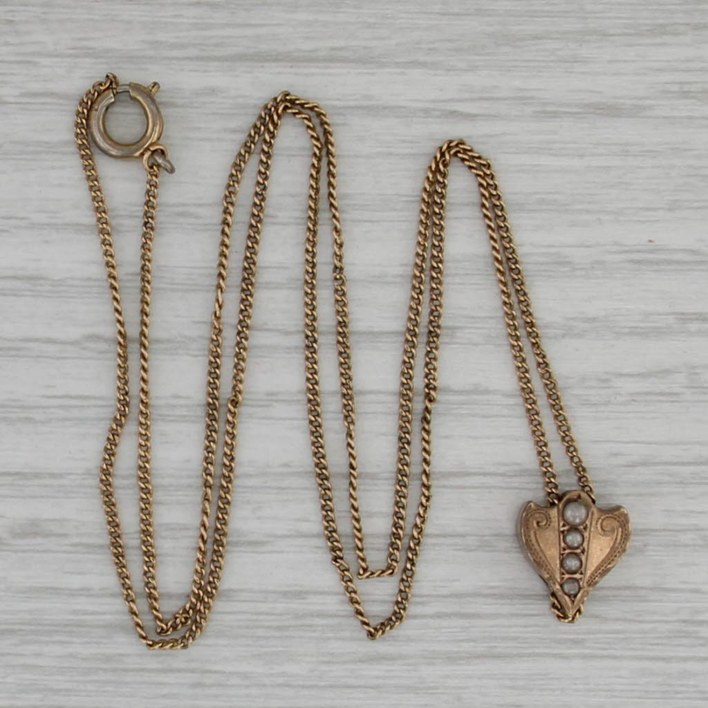 Antique Faux Pearl Slide Charm Gold Filled Curb Chain Necklace 19.75"