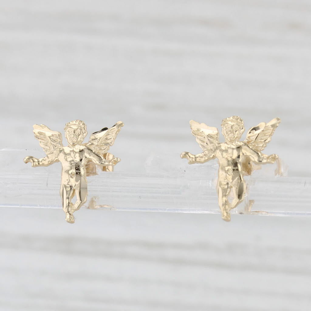 Light Gray Cherub Guardian Angel Stud Earrings 14k Yellow Gold