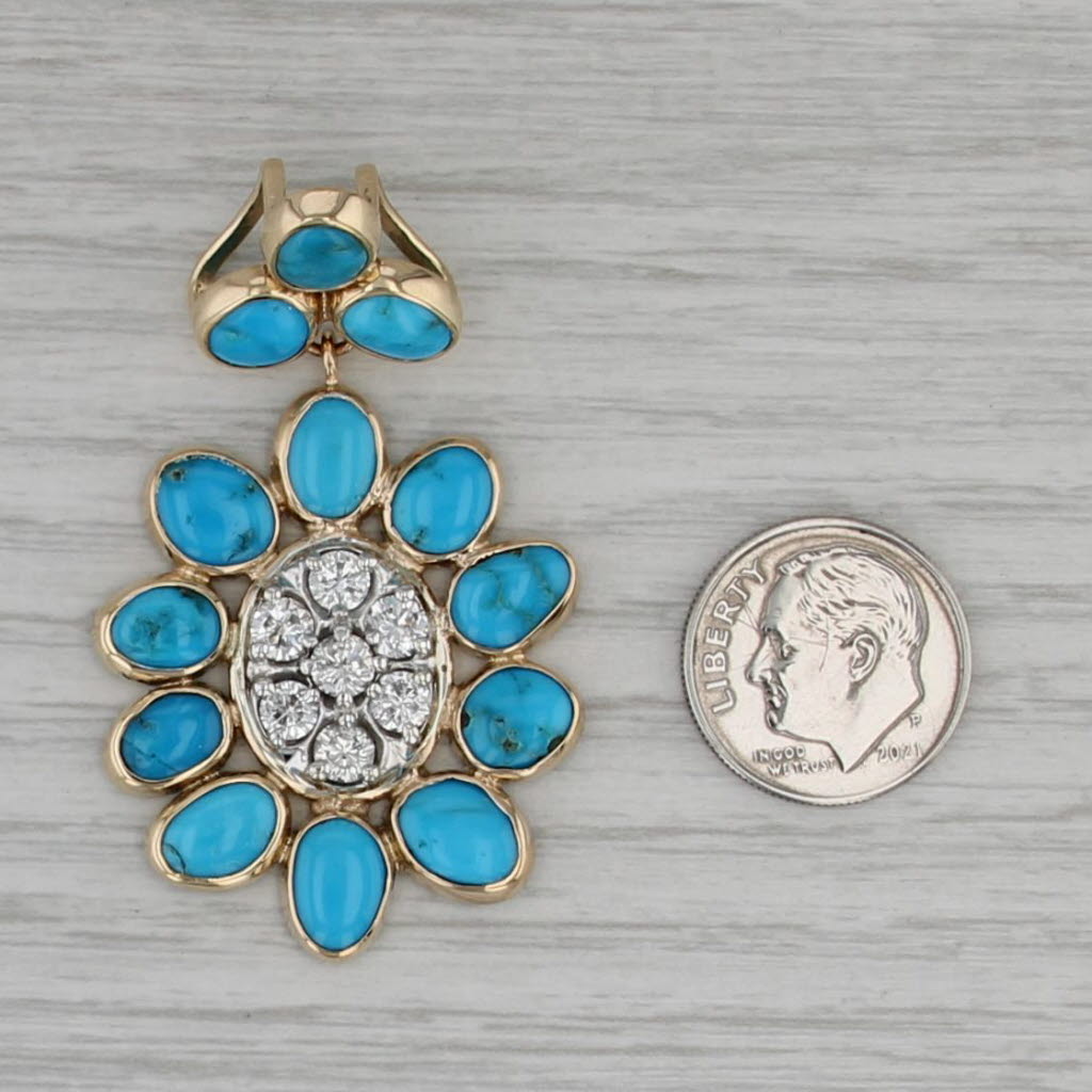 Custom Turquoise 1.28ctw Diamond Flower Pendant 14k 10k Gold Statement Drop