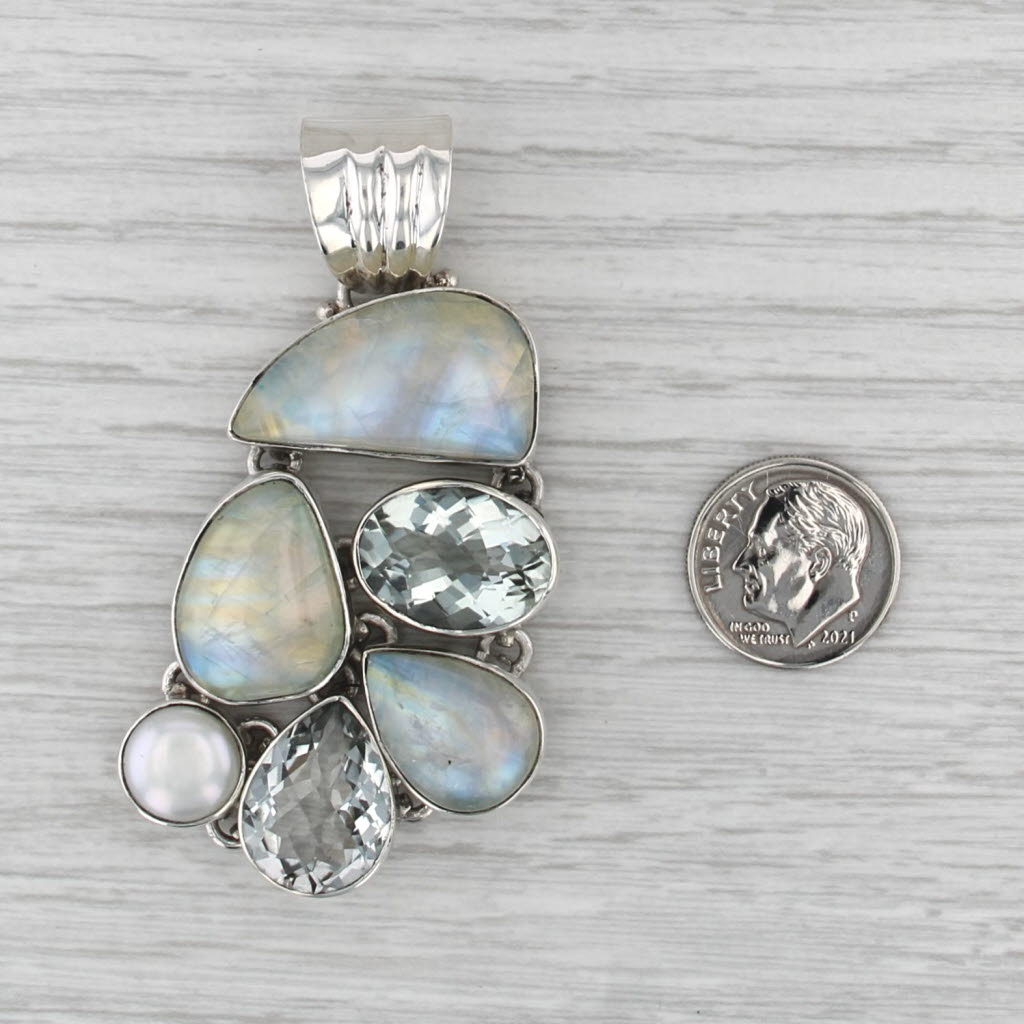 Large Moonstone Button Pearl Quartz Prasiolite Statement Pendant Sterling Silver