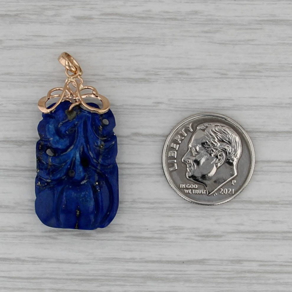 Carved Blue Lapis Lazuli Flower Pendant 14k Yellow Gold