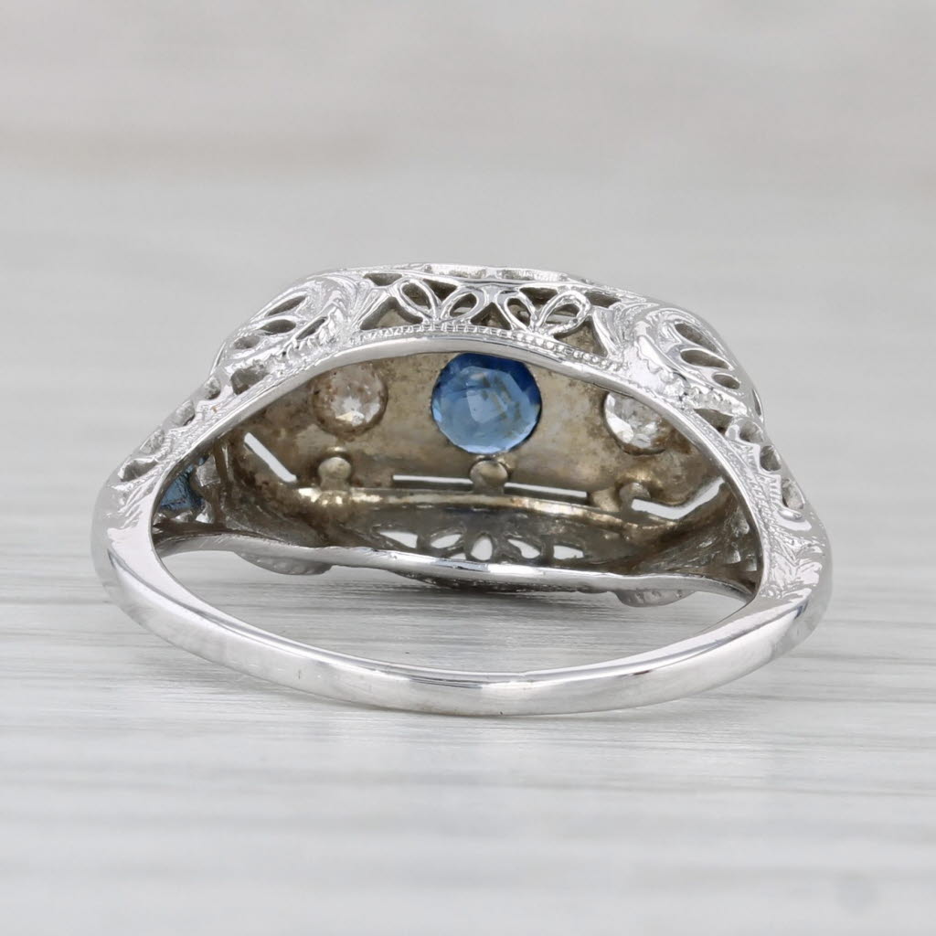 Gray Art Deco 0.31ctw Blue Sapphire Diamond Ring 18k White Gold Filigree Size 6