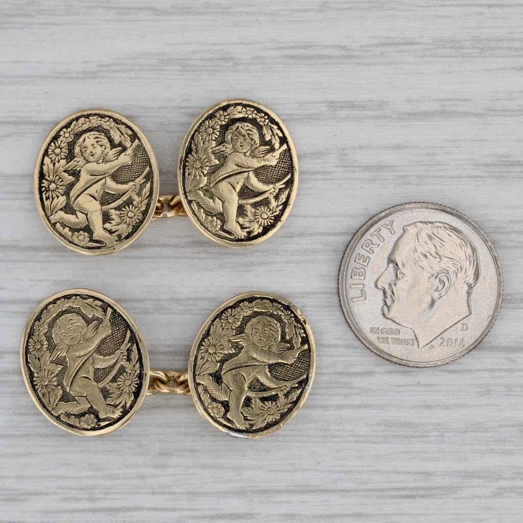 Gray Floral Cherub Cufflinks 14k Yellow Gold Antique Suit Accesory