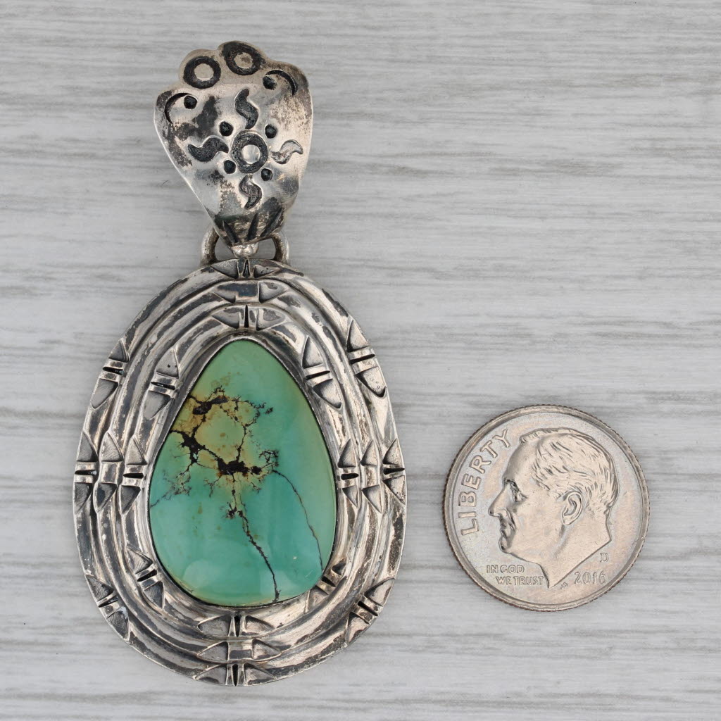 Gray Vintage Turquoise Pear Cabochon Teardrop Statement Pendant Sterling Silver
