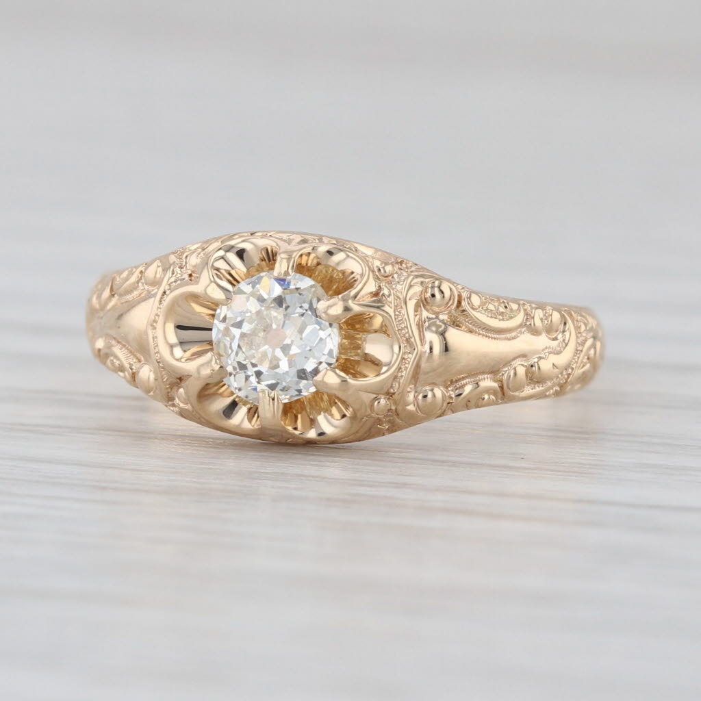 Antique Old Mine Cut 0.38ct Diamond Solitaire Ring 14k Yellow Gold Engagement