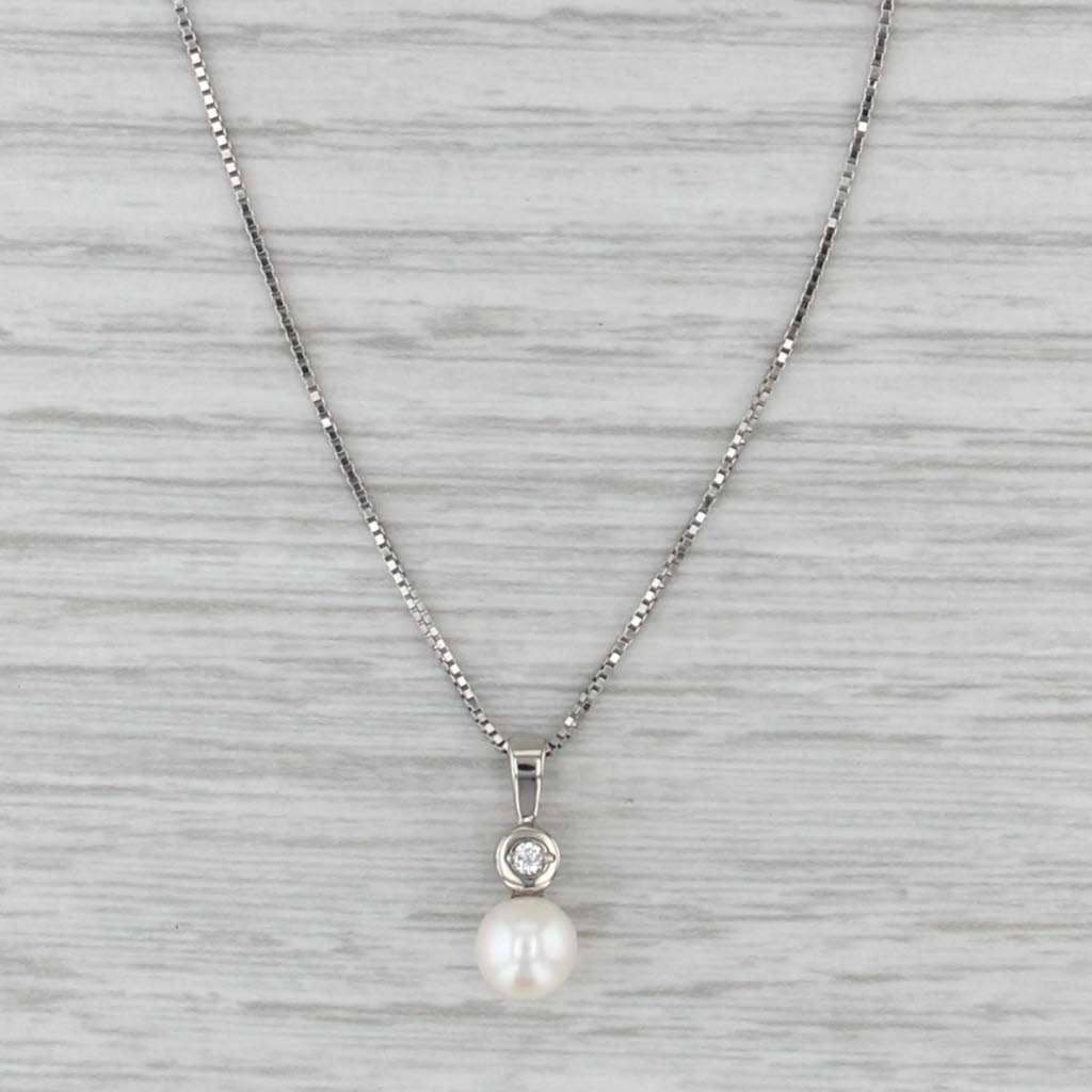 Cultured Pearl Diamond Pendant Necklace 14k White Gold 18" Box Chain