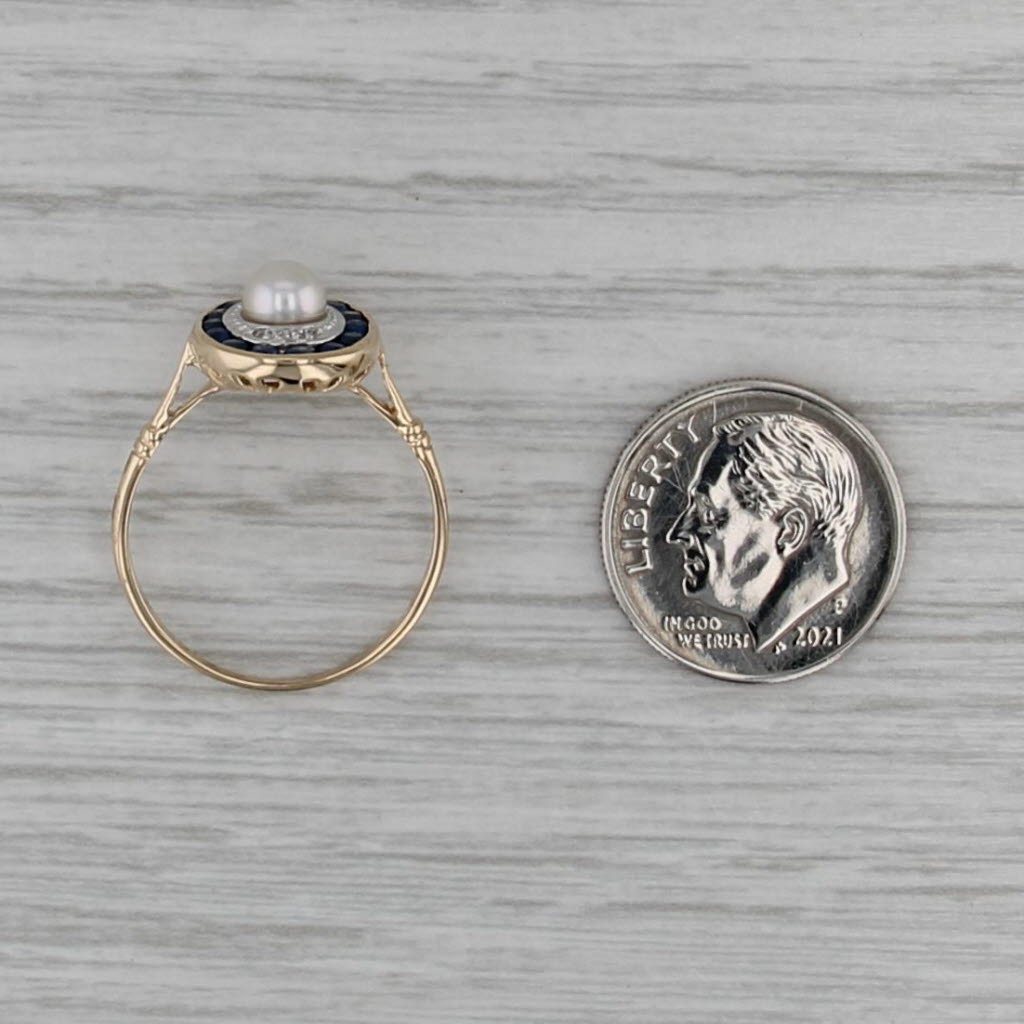 Vintage Cultured Pearl Sapphire Diamond Halo Ring 14k Yellow Gold Size 7.75