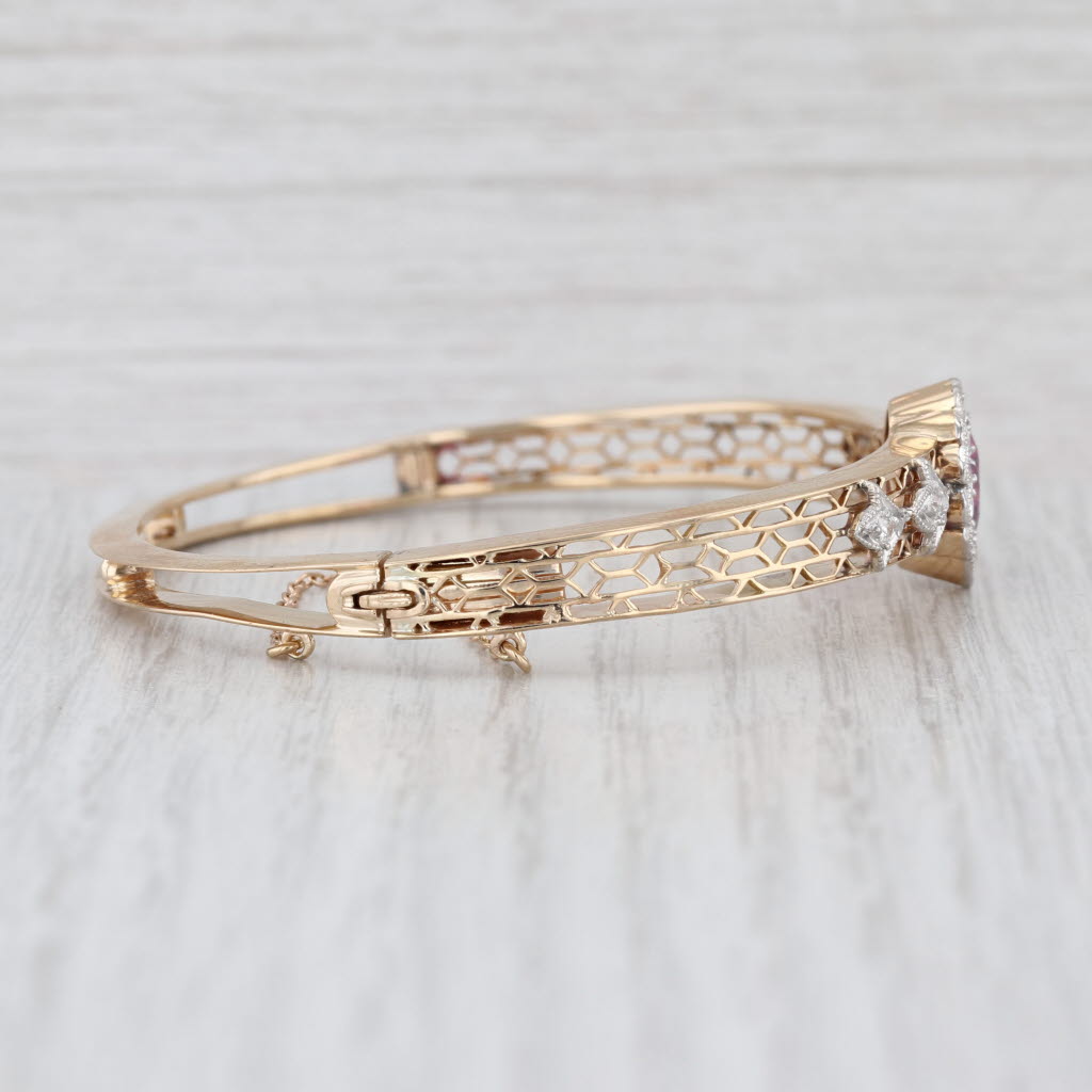 GIA Pink Lab Grown Sapphire Diamond Halo Bangle Bracelet 14k Yellow Gold 6.75"