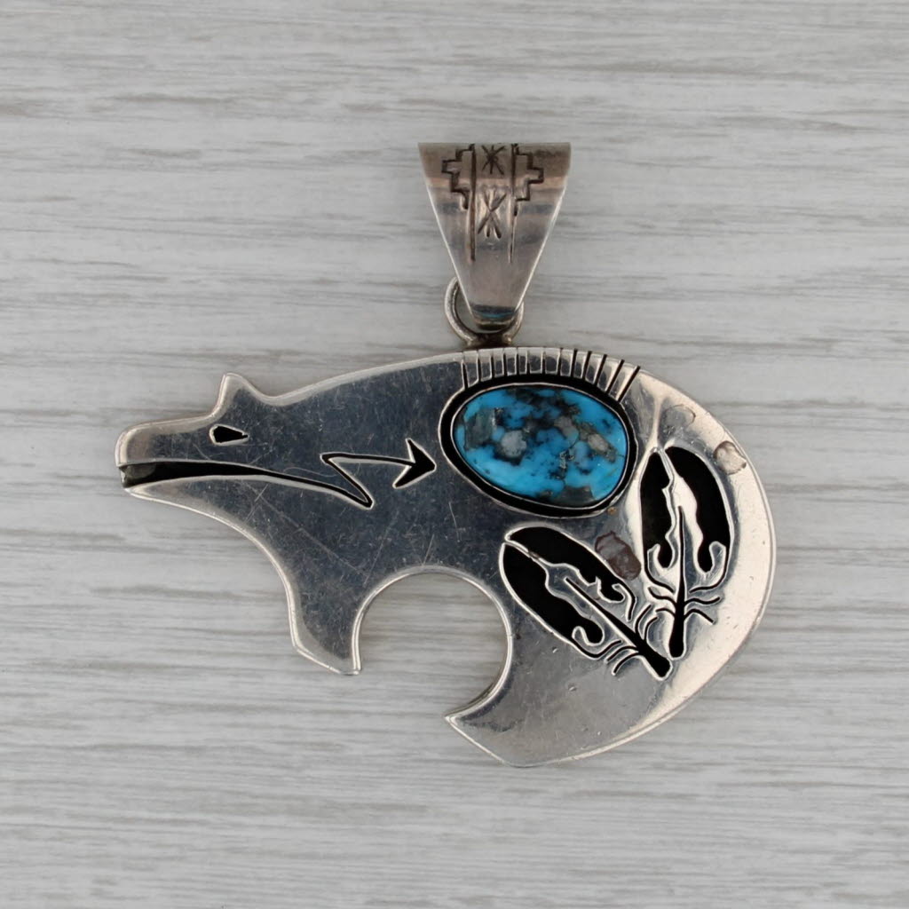 Navajo Turquoise Bear Pendant Sterling Silver Vintage Native American Ration
