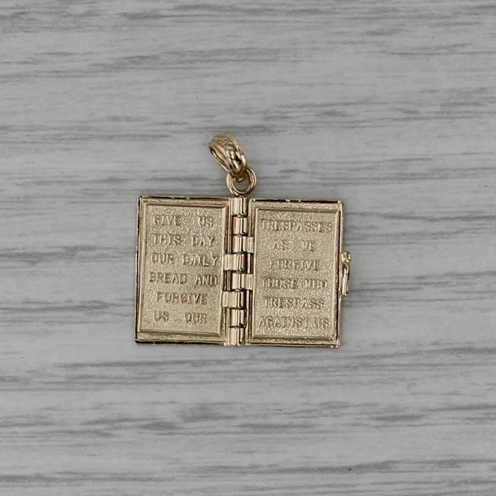 Holy Bible Pendant 14k Yellow Gold Opens Lord's Prayer Inscribed Engravable