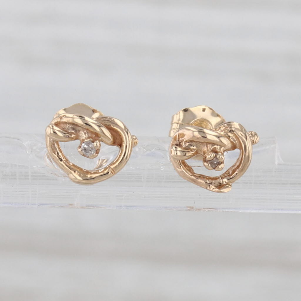 Small Diamond Knot Pretzle Heart Stud Earrings 14k Yellow Gold Studs