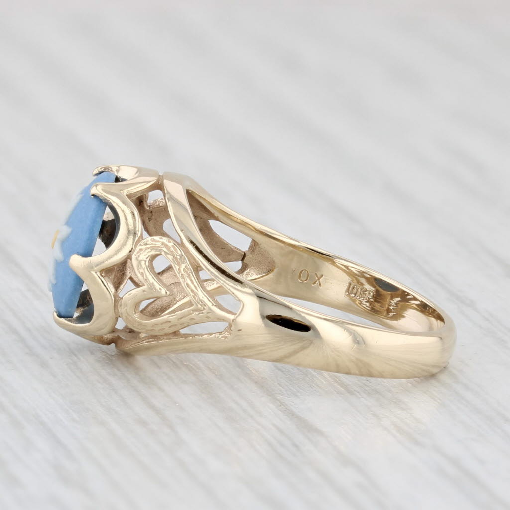 Light Gray Ceramic Wedgewood Flower Ring 10k Yellow Gold Size 5.25 Heart Accents Vintage