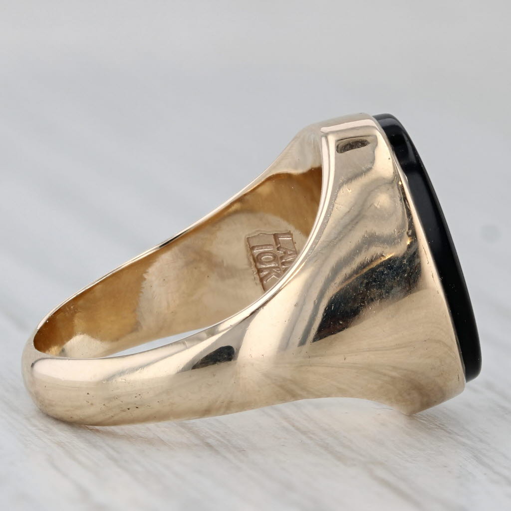 Gray Vintage Onyx Coat of Arms Signet Ring 10k Yellow Gold Size 4.75 Squirell Trees