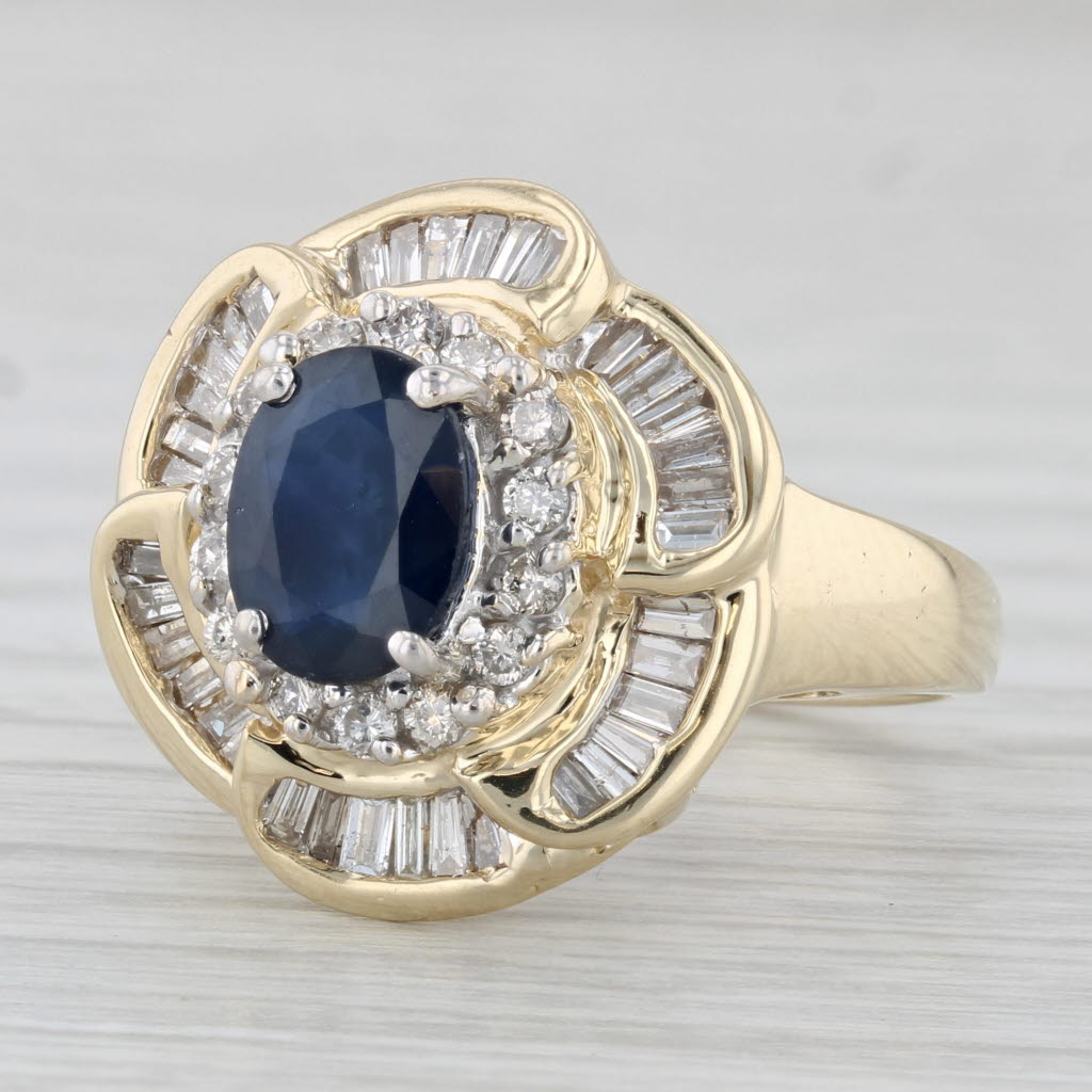 Light Gray 1.78ctw Blue Sapphire Diamond Halo Flower Ring 14k Yellow Gold Size 7 Cocktail