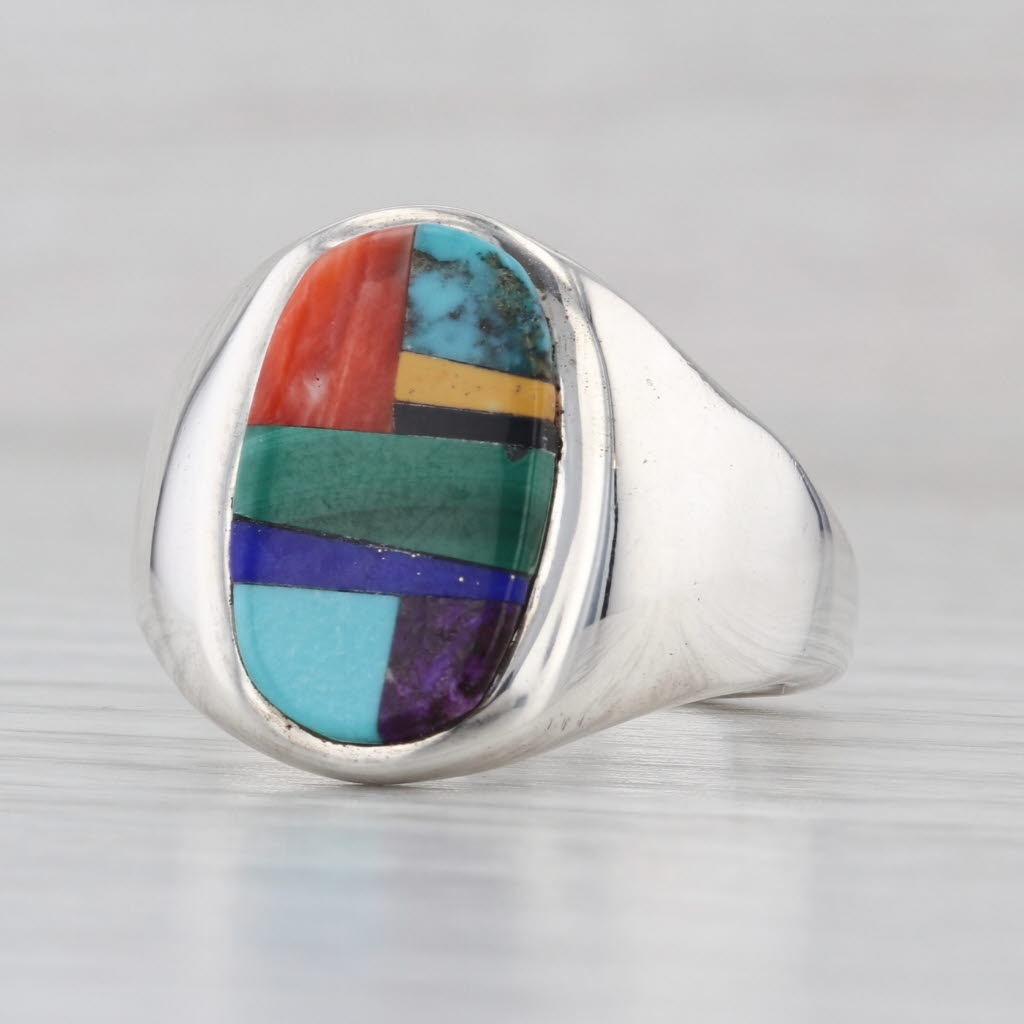 Vintage Native American Stone Mosaic Ring Sterling Silver Edison Yazzie Navajo