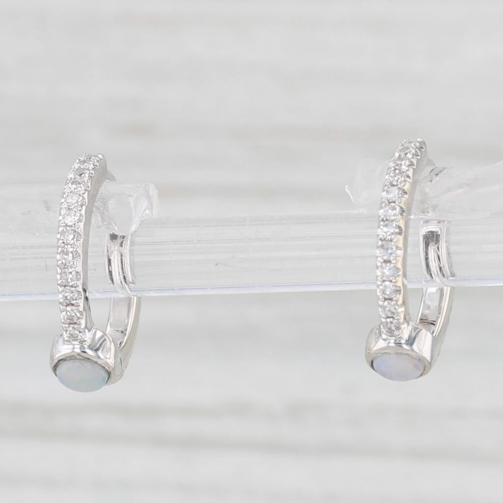Light Gray New Opal Diamond Hoop Earrings 14k White Gold Huggie Hoops