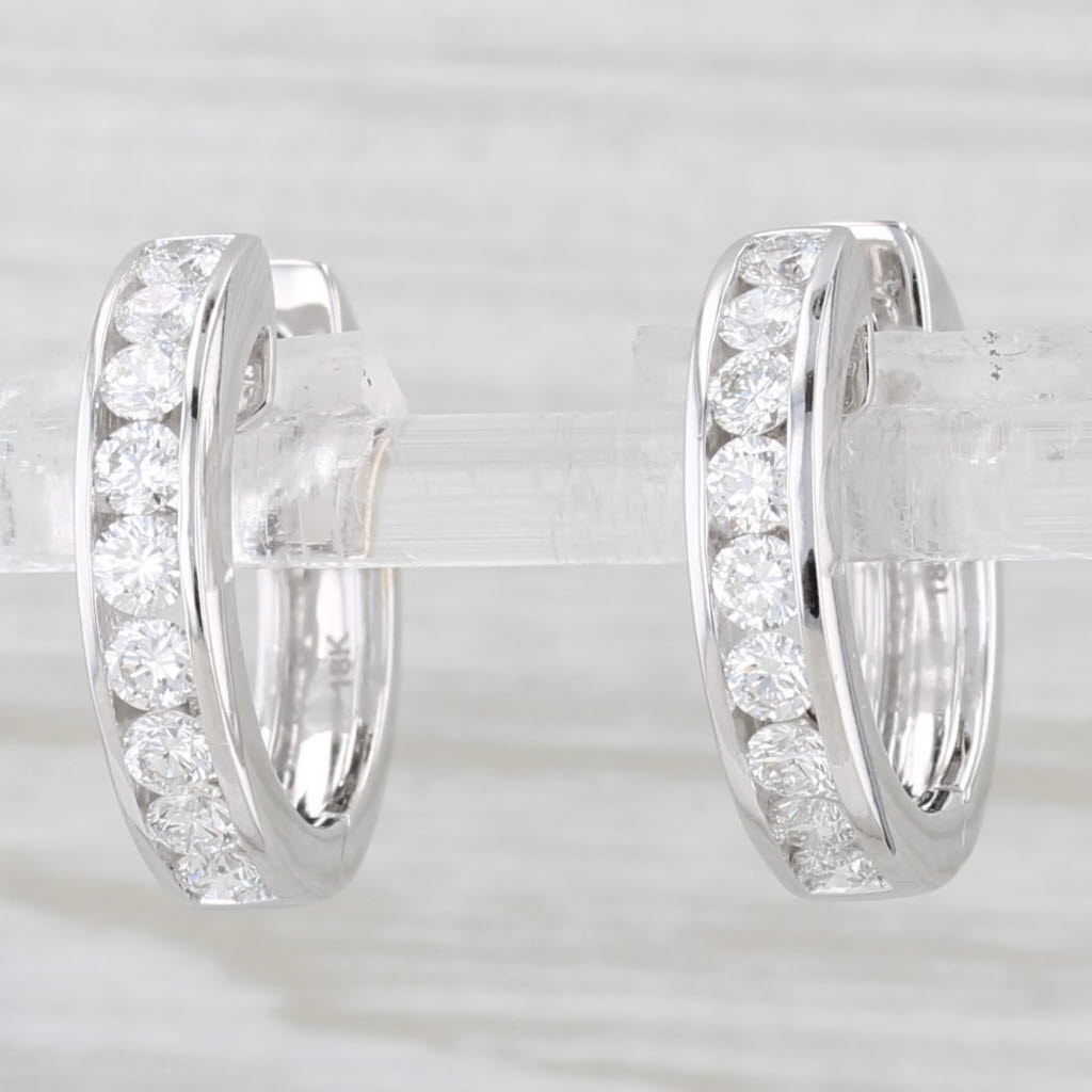 Light Gray 0.90ctw Diamond Hoop Huggie Earrings 18k White Gold Snap Top Round Hoops