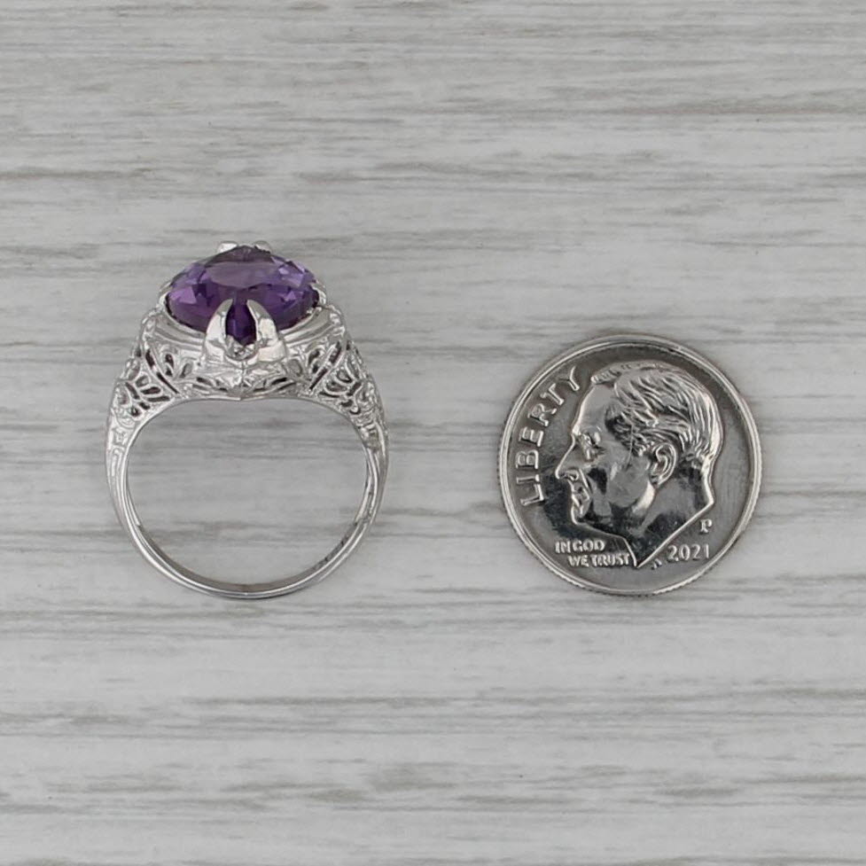 Art Deco 5ct Marquise Amethyst Solitaire Ring 18k White Gold Filigree Floral