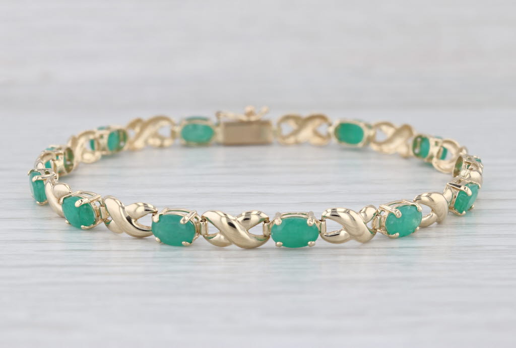 5.65ctw Emerald Tennis Bracelet Inifinity Links 14k Yellow Gold 7.25" 4.9mm