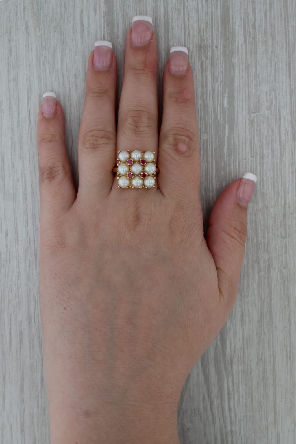 Cultured Pearl Lab Created Ruby Cluster Ring 18k Rose Gold Size 8.75 Cluster