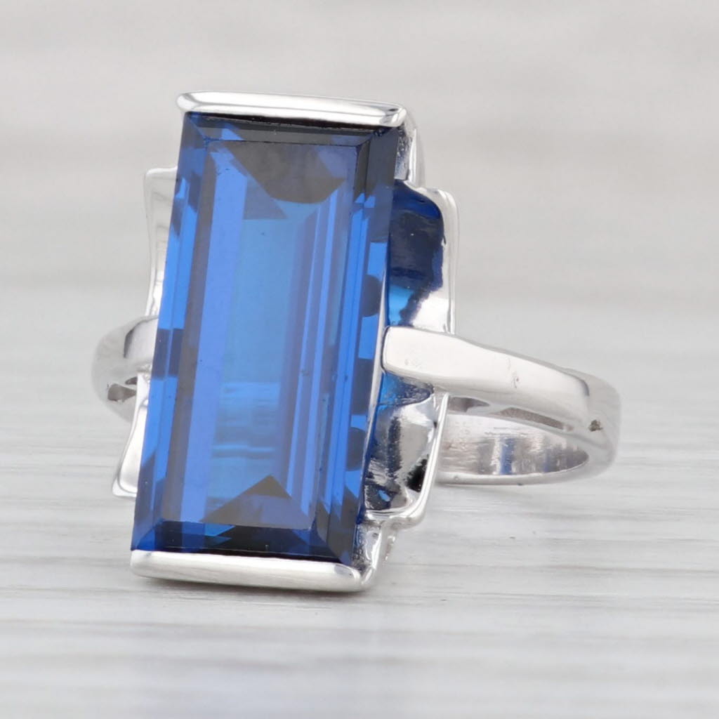 Light Gray 5.50ct Lab Created Blue Spinel Ring 10k White Gold Size 6 rectangle Solitaire