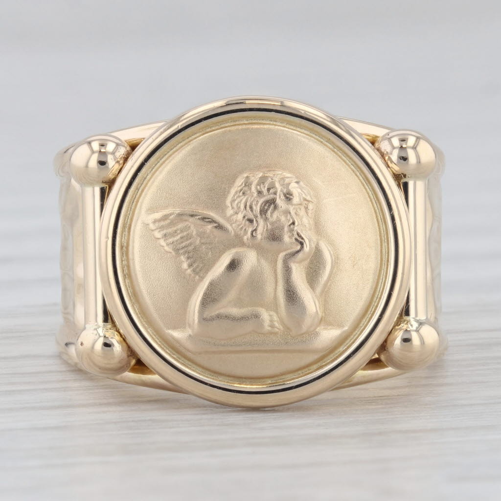 Gray Cherub Guardian Angel Coin Signet Ring 10k Yellow Gold Size 7.5 Adjustable Band